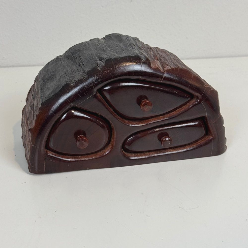 Vintage Handmade Burl Wood 3 Drawer Trinket Box